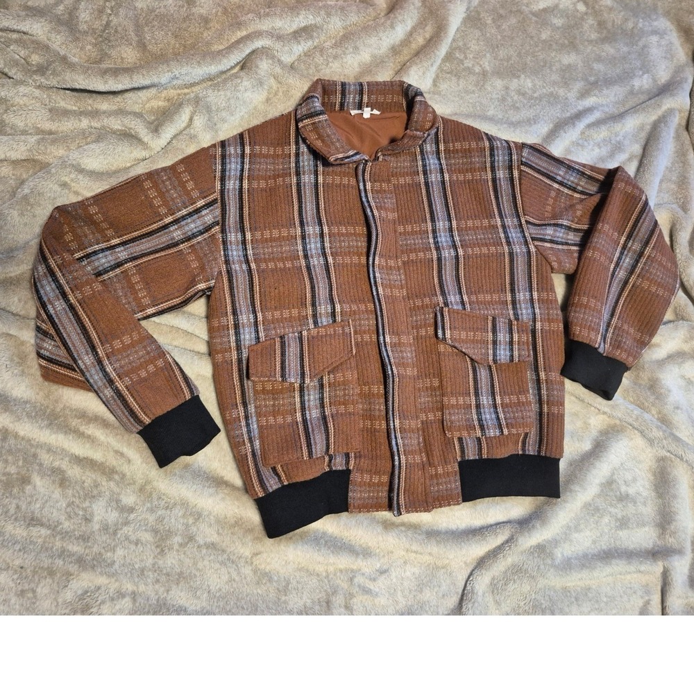 La Miel Brown Plaid Bomber Jacket Women Small Full Zip Textured Ribbed Trim